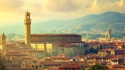 Poster - Aerial View of Florence Cityscape with Tower and Mountains