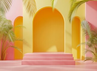 Wall Mural - Pink and Yellow Tropical Arch Background with Palm Tree and Stage