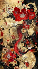 Poster - Japanese Koi Fish Tattoo Design with Floral Patterns