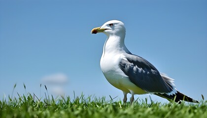 Wall Mural - Great skua perched on lush green grass under a clear blue sky