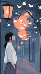 Poster - Woman Standing in a Street With Birds Flying in the Sunset