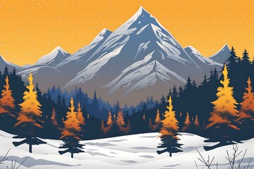 Poster - Snowy Mountain Landscape With Pine Trees Illustration