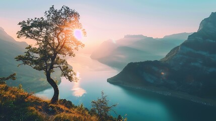 Wall Mural - Sunrise Over Mountains And Lake