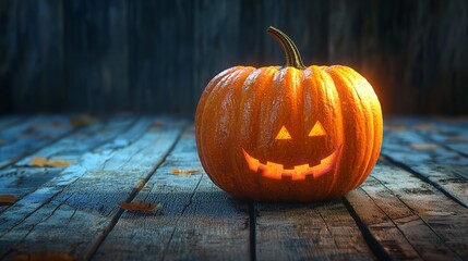 Wall Mural - Sinister Halloween Pumpkin Resting on Old Wooden Table