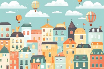 Sticker - Colorful Cartoon Cityscape With Hot Air Balloons