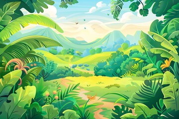 Wall Mural - Green Jungle Landscape With Mountain Background