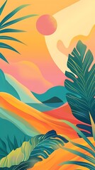 Wall Mural - Tropical Sunset Illustration with Abstract Shapes and Green Leaves