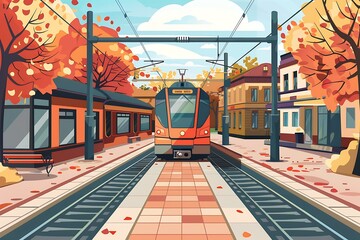 Poster - Autumn Train Station Illustration