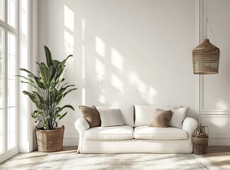 Poster - Minimalist Living Room Interior Design with White Sofa and Green Plant