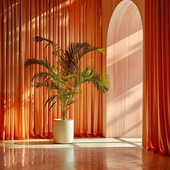 Poster - Palm Tree In Front Of Orange Curtains