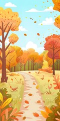 Poster - Autumn Forest Pathway Illustration With Falling Leaves