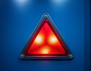 A red warning light glows on a blue metal panel, illuminating a triangle symbol.