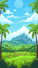 Sticker - Tropical Landscape with Palm Trees and Mountains