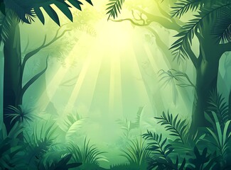 Wall Mural - Jungle Green Illustration With Sun Rays