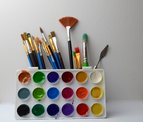 Plastic palette with paints on a white background. With round cells. Top View.