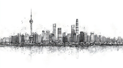 Wuhan, China, black and white pen pencil hand-drawn effect drawing illustration for travel poster, card, wallpaper, backdrop or banner. Modern, clear, artistic and simple