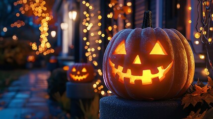 Sticker - Walking Through a Dark Cave, Candles Set Up Inside and the Pumpkin Glows on Halloween Night. Traditional Halloween Symbol