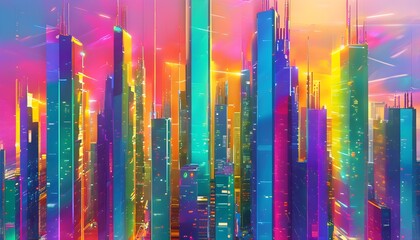 Wall Mural - Vibrant Abstract Cityscape with Glowing Skyscrapers and Energetic Streets in a Futuristic Metropolis Design