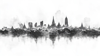 Yangon, Myanmar, black and white pen pencil hand-drawn effect drawing illustration for travel poster, card, wallpaper, backdrop or banner. Modern, clear, artistic and simple