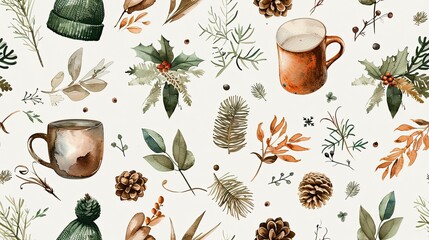 Wall Mural - A seamless pattern with watercolor winter items