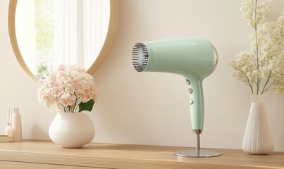 Wall Mural - Mint green hairdryer on a wooden table.