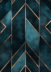 Poster - Abstract geometric pattern with teal blue marble and gold lines.