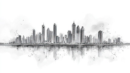 Wall Mural - Ajman, UAE, black and white pen pencil hand-drawn effect drawing illustration for travel poster, card, wallpaper, backdrop or banner. Modern, clear, artistic and simple