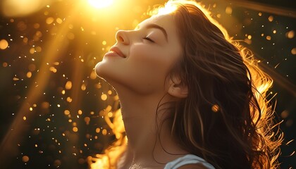 Wall Mural - Sun-kissed serenity: a young woman embraces the warmth of sunshine with closed eyes and radiant hair on a perfect day