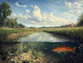 Canvas Print - Tranquil River Scene With Goldfish Under Water