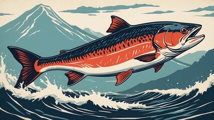 simple leaping salmon fish illustration with splash water background