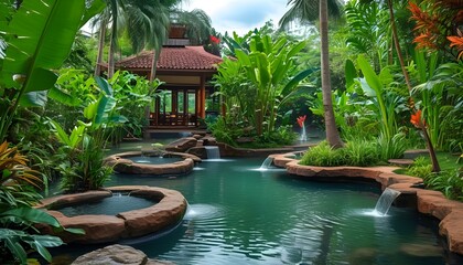 Wall Mural - Tranquil tropical garden featuring a serene pond and elegant fountain at a luxurious hotel