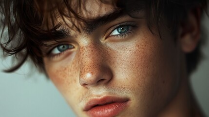 Wall Mural - Intense Gaze: Close-up Portrait of a Young Man with Blue Eyes