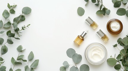 Organic skin care products on white background with fresh green eucalyptus twigs.