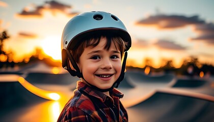 Wall Mural - Joyful childhood adventure at a skate park with a young boy in a helmet and a vibrant sunset backdrop