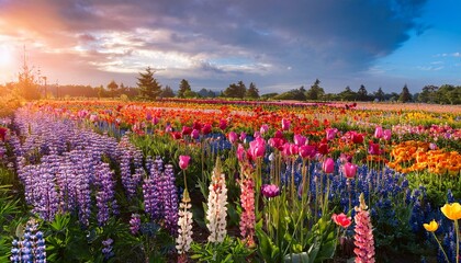 A vibrant and colorful flower field bursting with life. Tulips, lupines, poppies, and other blooms create a beautiful floral display.