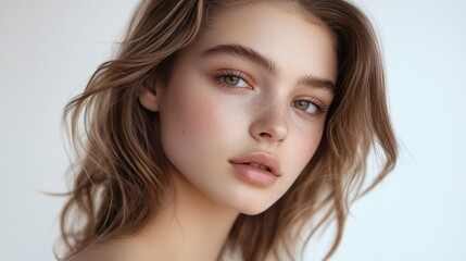 Portrait of a young woman with natural makeup and natural styling.Advertising natural cosmetics.Advertising for a beauty salon.Care cosmetics face and body skin care.