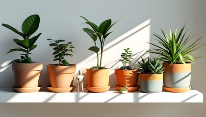 Wall Mural - Sunlit Shelf of Potted Plants and Minimalist Human Figures Casting Shadows