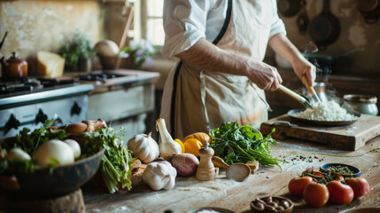 A chef preparing farm to table meal in rustic kitchen, surrounded by fresh vegetables and herbs. atmosphere is warm and inviting, showcasing beauty of natural ingredients