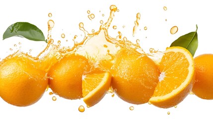 Wall Mural - Fresh oranges with splashing juice and leaves isolated on white background.