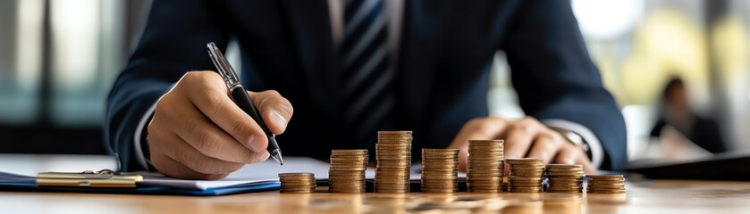 Businessman writing with coins on table