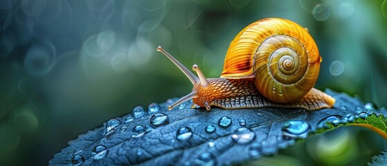 Snail on Leaf with Dew Drops in Nature Setting