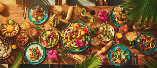 A vibrant tropical luau table filled with an array of colorful fruits, delicious dishes, and refreshing drinks, creating festive atmosphere perfect for celebration