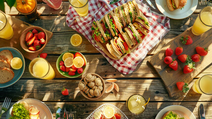 A vibrant summer picnic table filled with delicious sandwiches, fresh strawberries, and refreshing drinks creates joyful atmosphere. colorful spread invites everyone to enjoy delightful meal together