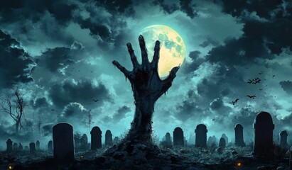 Zombie Hand Rising Out Of A Graveyard In Spooky Night