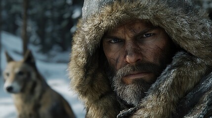 Poster - Man in Fur Hood with Wolf Companion in Snowy Wilderness