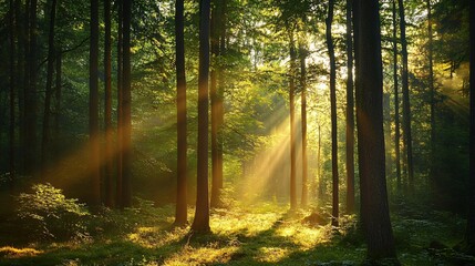 Wall Mural - Sunbeams Illuminating a Forest Path