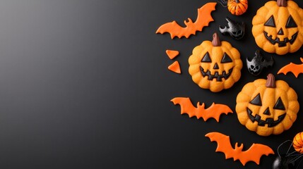 Halloween Treats Banner, a vibrant flat-lay design showcasing pumpkin cookies adorned with bat-shaped sprinkles, surrounded by spooky decorations, ideal for festive promotions.