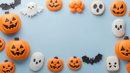 Halloween Treats and Decor, a festive flat-lay display featuring Jack-o'-lantern cookies, spooky masks, and seasonal decorations, perfect for adding seasonal flair.