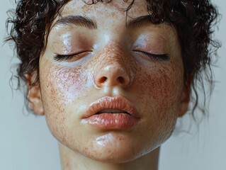 Wall Mural - Close-Up Portrait of a Woman with Freckles and Closed Eyes