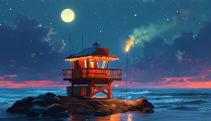 Wall Mural - Nighttime rescue scene with a lifeguard tower and flashing emergency light, featuring prismatic highlights and a trillwave album cover aesthetic